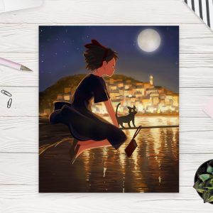 Картина "Кики и кот на метле на фоне ночного города (Ведьмина служба доставки)"