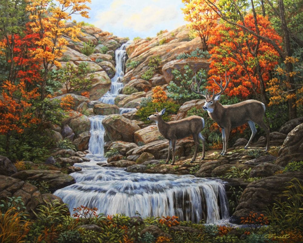 Картина "Олени на водопое (Водопад)"