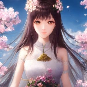 Картина «Неко в цветущей сакуре”