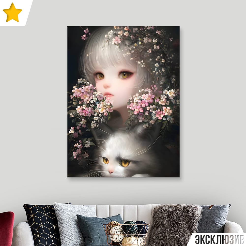 Картина «Девушка и кот в цветах (Аниме)»