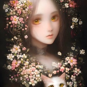 Картина «Девочка с котенком в цветах (Аниме)»