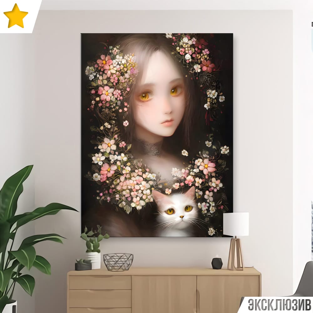 Картина «Девочка с котенком в цветах (Аниме)»