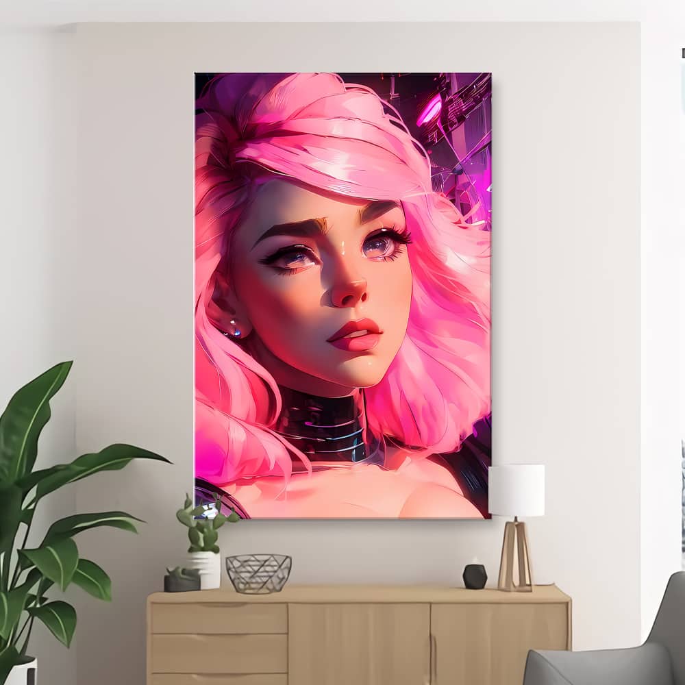 Картина “Киберпанк: Девушка c розовыми волосами (Мультяшный стиль) – 1”