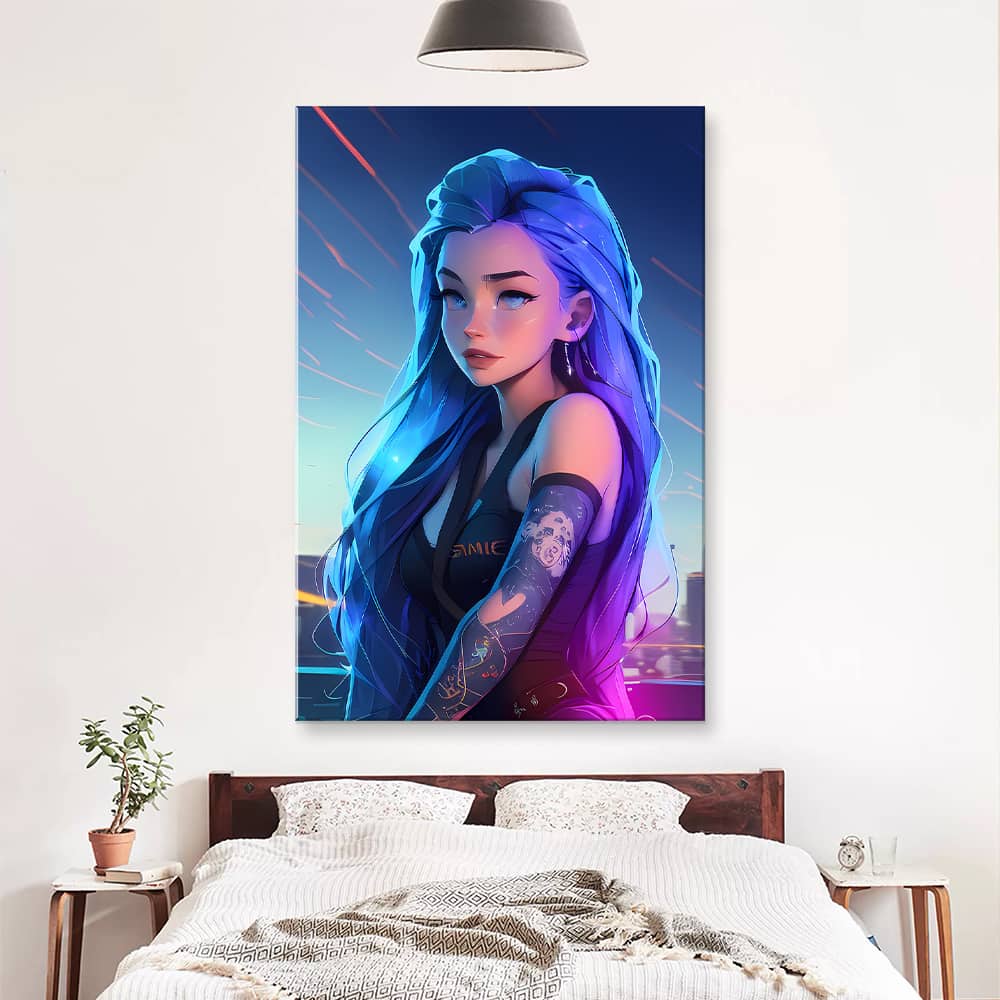 Картина “Киберпанк: Девушка c синими волосами на рассвете (Мультяшный стиль) – Б”