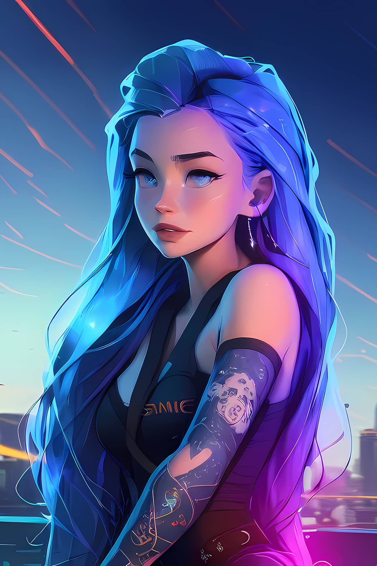 Картина «Киберпанк: Девушка c синими волосами на рассвете (Мультяшный стиль) — Б»