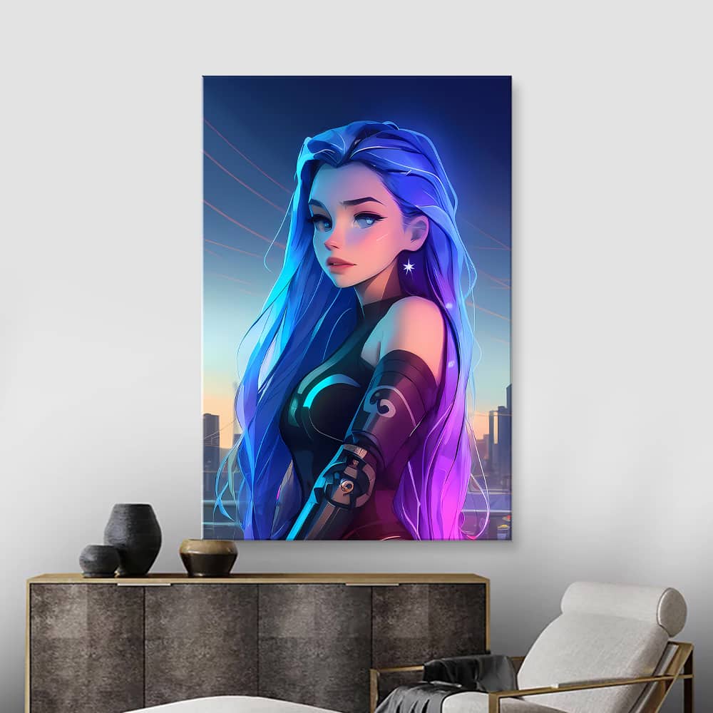 Картина «Киберпанк: Девушка c синими волосами на рассвете (Мультяшный стиль) — Г»